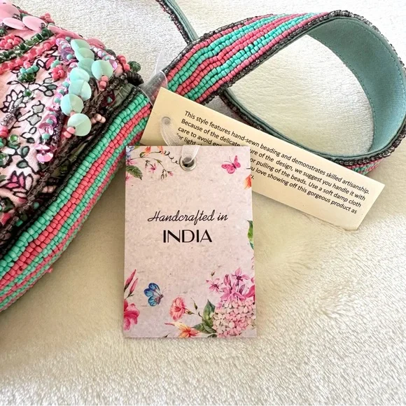 Viral Beaded Pink, Blue, & Purple Paisley Shoulder Bag w/ Beaded Fringe - Picture 7 of 8